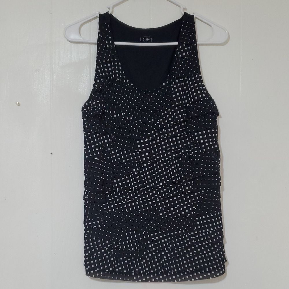 LOFT Womens Small Black and White Fitted Ruffle Tank Top 🌎5/$10🌏